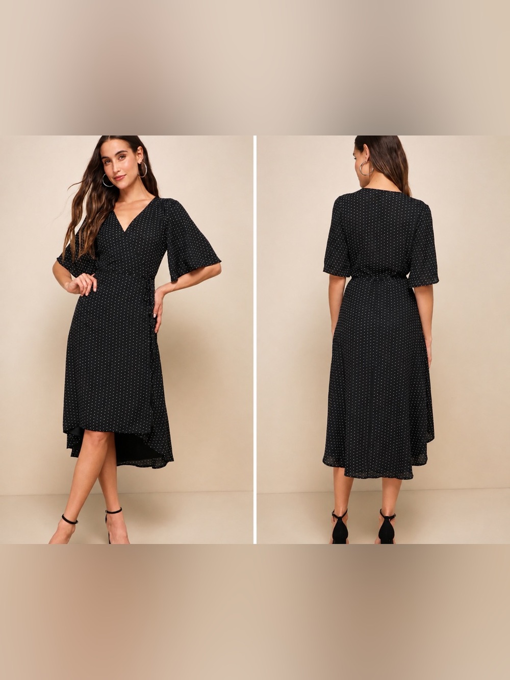 Lulus Black Swiss Dot High-Low Faux Wrap Midi Dress | EUC